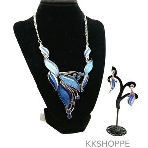 Blue Enamel Leaf Demi Parure Necklace & Earrings Set Silver Tone‎ Art Jewelry
